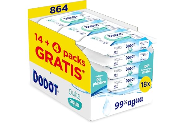 Dodot Toallitas Pure Aqua Para Bebé, 864 Toallitas (18 Packs de 48 Unidades), Ayuda A Restaurar El PH Natural De La Piel, 99% Agua, Sin plástico