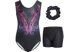 Gogokids Dziewczęcy trzyczęściowy zestaw gimnastyczny z szortami, trykot gimnastyczny dla dzieci bez rękawów, z kamieniami szlachetnymi, błyszczący strój gimnastyczny z kolorowymi blokami, atletyczna