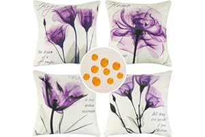 HomeStilez Paquete de 4 Fundas de Cojín 40x40 cm Decorativo Impermeable Lino Morada Flores Patrón Funda de Almohada Moderna Cuadrada Suave Funda de Almohada para Patio Dormitorio Jardín Terraza