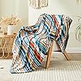 Qucover Ultra Soft Bed Throws, Blue Stripe Comfy Flannel Throws for Sofas, Couch and Chair, Decorative Bohemian Aztec Blanket for Bed Warm and Lightweight for All Seasons, Twin Double 150x200cm