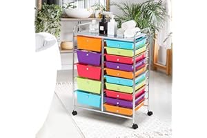 COSTWAY 15 Drawers Storage Trolley, Home Office Stationary Rolling Cart with 4 Wheels, Multipurpose Mobile Organiser Shelving Unit for Makeup Beauty Salon (Multicolour)
