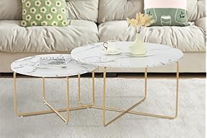 GOKHOMX – Juego de 2 mesas de centro gigogne redondas, mesa baja de mármol imitación con estructura de metal dorado, la mesa auxiliar redonda es perfecta para el salón, salón de té, oficina