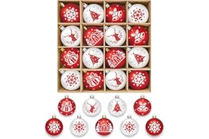 Elidepe Weihnachtskugeln, 16 Stück Christbaumschmuck, 6CM Weihnachtskugeln Rot Weiß Kunststoff, Bruchsicher Weihnachtsbaumkugeln mit Aufhänger, Weihnachtsbaumschmuck Weiß Rot für Weihnachtsdeko