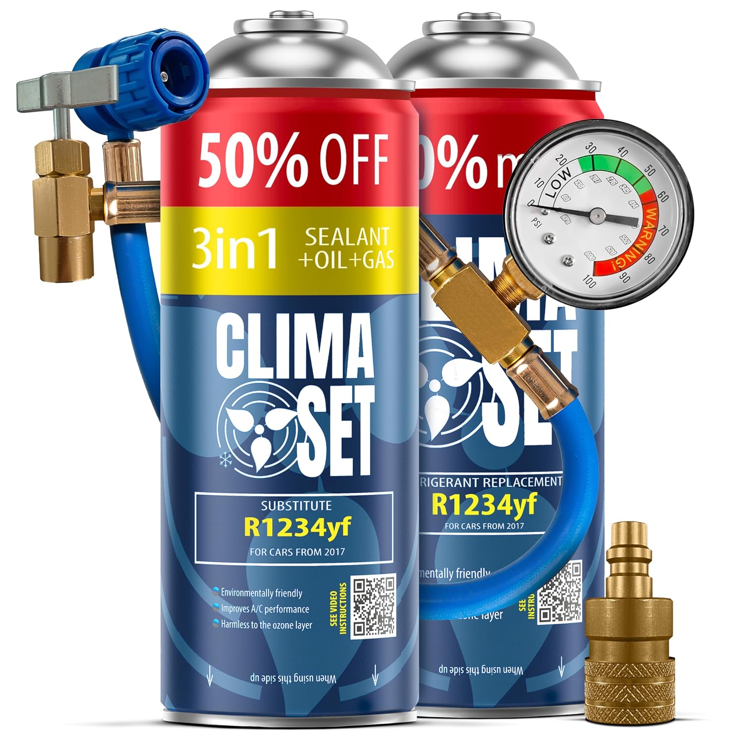 ClimaSet R1234yf + 3-in-1 Clim Gas R1234yf - 2 x 235 g met slang, manometer en adapter HP/LP - Airconditioning - Auto airconditioning - Eco
