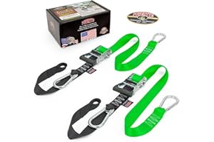 PowerTye 1.5in x 6.5ft Heavy Duty Ratchet Tie-Down Straps with Soft-Tye and Carabiner Hooks - 1,000 lb Working Load Limit / 3,000 lb Breaking Strength - Made in USA - Green/Black Pair