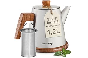 Cosumy Teiera con Filtro e Sottopentola 1,2 litro - Bollitore per Induzione e tutti gli Altri tipi di Fornelli - Acciaio Inox ed Legno FSC