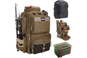 Goture 45 L Sac de pêche Dos Souple et résistant à l'eau, Tissu Oxford 900D Sac à Dos de Peche, Livré avec Deux Porte-Cannes et Une Housse de Pluie avec Quatre boîtes à appâts