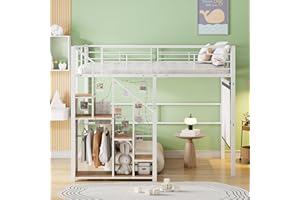 ‎JOVIFY Kinderbett Etagenbett 140x200 cm, Metallbett Hochbett mit Treppe und Stauschrank, Multifunktionsbett Doppelbett Stockbett Spielbett Kinderhochbett Jugendhochbett mit Lattenrost, Ohne Matratze, Weiß