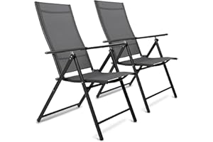 SUNMER Folding Garden Chairs High Back 7 Position Recliner Sun Lounger - Set of 2, Grey