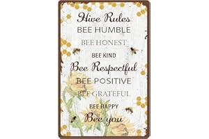 CREATCABIN Cartel de Chapa de Metal Hive Rules Bee Happy Retro Vintage Funny Wall Decor Art Mural Colgante Pintura de Hierro para el Hogar Jardín Bar Pub Cocina Sala de Estar Oficina Garaje Póster Pla