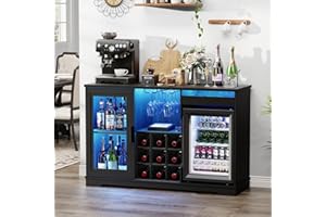 BROTTAR Wine Bar Cabinet with Fridge (Included), Drinks Coffee Cabinet with LED Lights & Rack, Mini Fridge Cabinet with Storage, Human Body Sensor, Sideboard for Kitchen Dining Room, Black