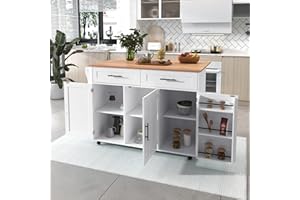 KecDuey - Carrello da cucina, isola da cucina su ruote con piano di lavoro pieghevole, 129 x 71 x 91,5 cm, piano di lavoro con venature in legno massiccio, adatto per lo stoccaggio, con sportelli