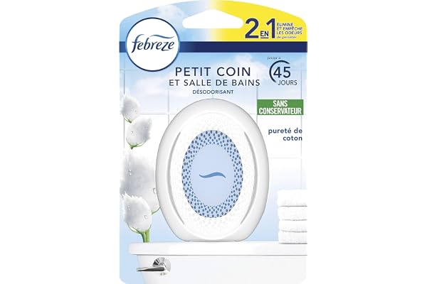 Febreze Petit Coin et Salle de Bains, 1 x 7.5ml, Désodorisant WC, élimine les Odeurs et Rafraîchit L’intérieur, Pureté de Coton