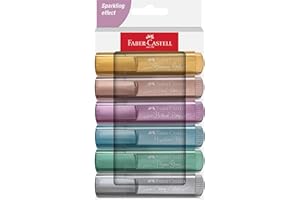 Faber-Castell 254676 Juego de 6 Subrayadores Metalizados, con Punta Biselada de Precisión, Subrayadores Glitter Metal en Colores Vibrantes, Diseño Plano Ergonómico