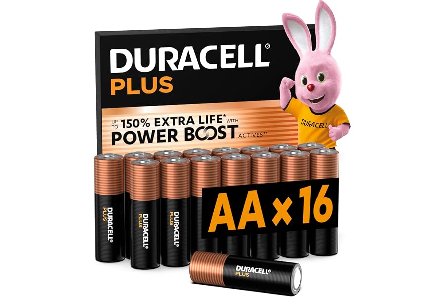 DURACELL Plus AA Batteries (16 Pack) – Alkaline Batteries 1.5V, Up to 150% Extra Life with POWER BOOST Actives, Reliability F