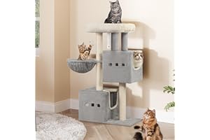 Hzuaneri Cat Tree, 98 cm Tower, Sisal Scratching Post, Cats Tower for Indoor, Multi-Level Stable Cat Tree with Cats House, 2 Caves, Pompoms, Light Grey MS10018LGV1