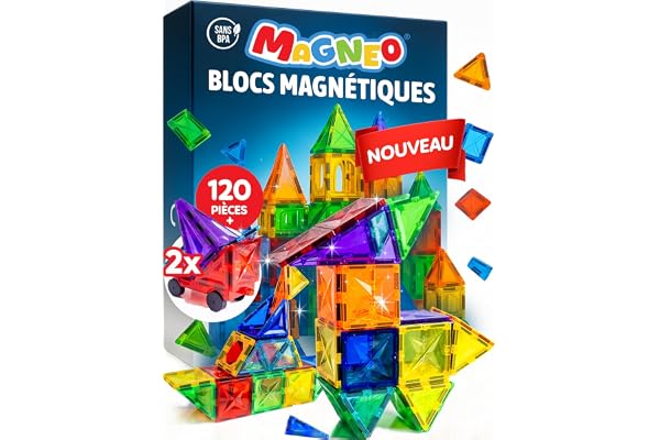 Magneo® Blocs Magnétiques 120 Pièces (2 Voitures) – Construction Enfant dès 3 Ans – Jeu Créatif avec Magnetic Tiles – Blocs Aimantés pour Garçons & Filles – Idée Cadeau