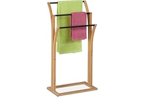 Relaxdays Handtuchhalter, Bambus, 3 versetzte Stangen, H x B x T: 82 x 42 x 24 cm, Handtuchständer Bad, Natur/schwarz