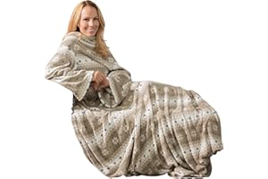 CelinaTex Decke mit Ärmeln und Fußtasche Flauschige Kuscheldecke 150 x 180 cm Taupe und Creme weiß Mikrofaser Fleece Oeko-TEX Schneestern