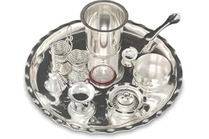 BENGALEN Silver Plated Pooja Thali Set 9.5 Inch with Plate Diya Haldi Kumkum Stand Panchapatra Palli Bowl Dhup Dan Ghanti Puja Thali for Home Mandir Office Diwali Wedding Return Gift Items