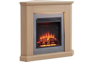 CROWNFLAME BALDERIA camino elettrico Pegasos | Caminetto elettrico da terra con effetto fiamma 3D | Riscaldamento elettrico 2000W, luce LED | Focolare ad angolo con telecomando, termostato, timer | rovere chiaro