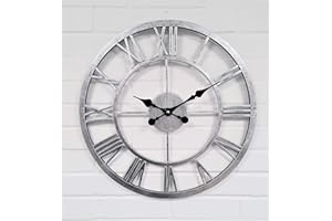 HH Home Hut Outdoor Wall Clock Medium Roman Numerals Indoor Giant Open Face Metal 58cm Garden Silver
