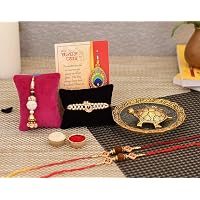 Collectible India Rakhi Combo Set for Brother - Rakshabandhan Gift for Bhaiya Bhabhi - Metal Tortoise Vastu Showpiece, Rudraksha Rakhi, Lumba Rakhi, Roli, Greeting Card - Rakhi Gifts for Brother
