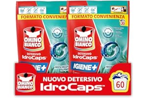 Omino Bianco Idrocaps - Detersivo Lavatrice in Capsule Igiene, 60 Lavaggi, Efficace a Basse Temperature, Profumo Freschezza Alpina, 30 Caps x 2 Confezioni