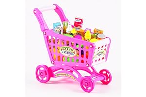 The Magic Toy Shop Kids Shopping Trolley Toy with Accessories - Pink, Pretend Play Food, Grocery Cart, Role Play Fun - Child's Shopping Trolley for Toddlers, Supermarket Toys for Learning
