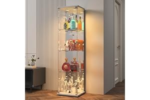 BPKADHY Vitrine sur pied en verre à 4 couches - 1 porte - Lampe LED et serrure avec paroi arrière miroir - Armoire de salon pour objets de collection et livres - Blanc