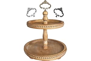 FELT CREATIVE HOME GOODS Servierständer aus Holz mit 2 Ebenen, kleines braun Tablett mit Perlen im Shabby-Chic-Stil für Wohnkultur, Bauernhaus, Landhausdekoration, Küche oder Esszimmer. Enthält 3 benutzerdefinierte Griffe