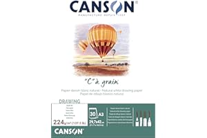 Canson "C à Grain A3 224g White Drawing & Sketching Paper Pad, 30 Sheets, Fine Grain Texture, Glued on Short Side, Ideal for Professional Artists