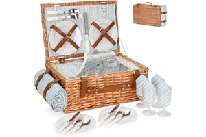 HappyPicnic Wicker Picknickkorb Besteckservice Picknickkorb Isolierter Kühltasche Picknick Set Korb aus Weidengeflecht, für Camping,Outdoor, Weihnachten
