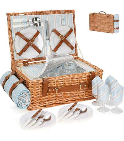 POTRUWE Country Vintage Panier De Pique-nique En Osier Avec Poignée Pliante, Corps Tissé Robuste Avec Doublure Lavable, Grand Panier De Pique- Nique En Osier Pour Camping, Extérieur (petit Treillis