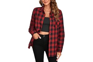 Stamain Womens Flannel Checked Shirts Casual Long Sleeve Plaid Shirt Ladies Classic Check Blouses Top with Pockets