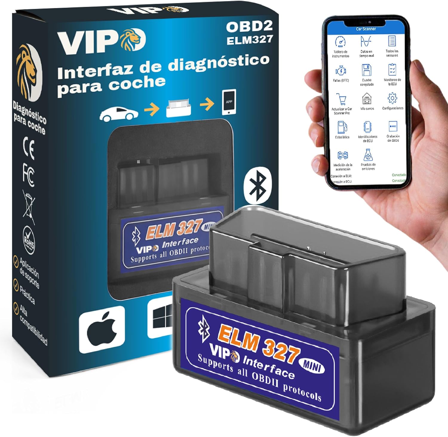 VIPO OBD2 Diagnosis de Coche Multimarca | Escáner ELM327 Original | Lector de Fallos y Errores del Motor | Herramienta de Análisis Compatible con Android y Windows