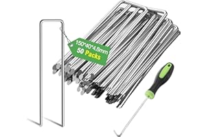 Graxury 50Packs 6 Inch (Ø 4.8mm) Heavy Duty Garden Pins Stakes - Thickened Galvanized Steel Staples Securing Pegs Anchoring Weed Fabric Landscape,Netting and Tubing with 1 Pick Hook