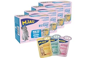 Mjau 48x85g Kattunge bitar i gelé med regnbågslax, nötfärs & kyckling – 4× Multibox våtfoder för kattungar i storpack. Spannmålsfritt recept, utan tillsatt socker och i praktiska portionspåsar