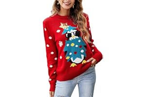IFFEI Womens Ugly Christmas Jumper Santa Reindeer Print Long Sleeve Crew Neck Ladies Novelty Knitted Xmas Pullover Sweater Knitwear UK