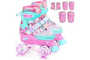 SPORTNEER Roller Skates for Girls, Roller Skates 4-Size Adjustable with 6 Protective Gear Set, 8 Light Up Wheels Kids Roller Skate for Toddler Girls Youth Beginner, Ideal Christmas Birthday Gift
