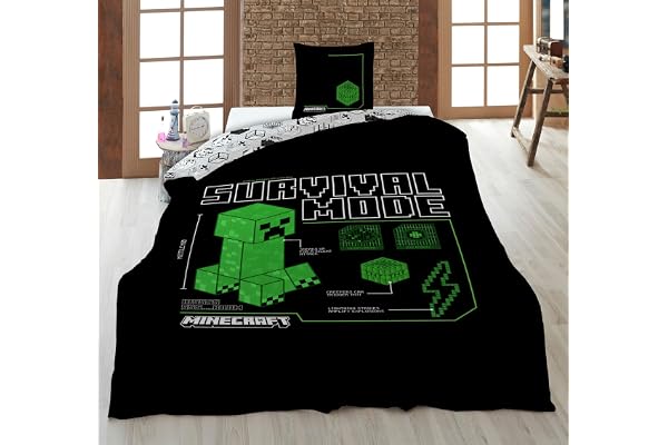Minecraft Survival Mode Enkelsäng Påslakan 140x200 + Örngott 63x63 Creeper | Vändbart enkelsängset | Nattligt överlevnadsschema