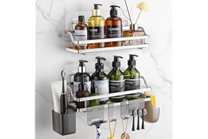 ALOCEO Shower Caddy 2 Pack No Drilling Shower Shelf with 6 Hooks, Stainless Steel Adhesive Shower Storage Rack, Rustproof Shower Accessories Sliver