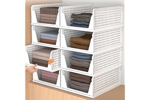 BOWOSE Wardrobe Storage Organiser, 4 Pack Stackable Storage Boxes Clothes Storage,Cupboard Storage Organiser,Drawer Organiser Under Sink Storage,Airing Cupboard Storage Basket,White