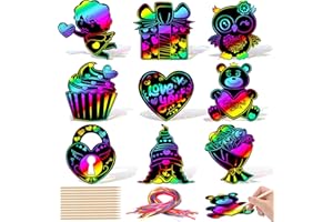 JULMELON Valentines Crafts for,36 Pack Heart Shape Scratch Art Paper Crafts Kit Magic Rainbow Scratch Cards Hang Tags Goody Bag Stuffers Valentines Day Gifts