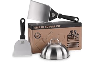 Norzn Brothers® Kit de hamburger en acier inoxydable 304 pour plancha et plaques de cuisson, 2 spatules et cloches, contact alimentaire certifié UE, lot de 3 pièces