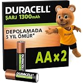 DURACELL ŞARJ EDİLEBİLİR AA Kalem Pil (2'li Paket), 1300 mAh NiMH | &Ouml;n Şarjlı - Y&uuml;ksek Kapasiteli Şarj Edilebilir AA Pil - Oy