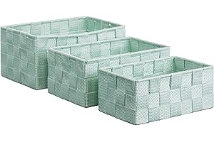 Brandsseller Lot de 3 Boîtes de Rangement – 22 x 15 x 11 cm, 21 x 13 x 9,5 cm, 19 x 11 x 8,5 cm – Paniers d’étagère carrés sans couvercle – aspect rotin tressé avec cadre en métal – Menthe