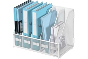 SUPTIDY Metallischer Schreibtisch Organizer mit 5 vertikalen Fächern, Magazin Ständer für Büro, Homeoffice und Arbeitsplatz, Weiß
