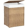 Grand Panier à Linge 90L En Rotin Synthétique Couleur Bois, Sac Intérieur Amovible