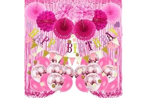 Recosis Geburtstags Dekorationen, Rosa Party Dekorationen für Geburtstag Banner Vorhänge Papier Pompons und Fans Girlande Luftballons für Geburtstagsfeier Dekorationen